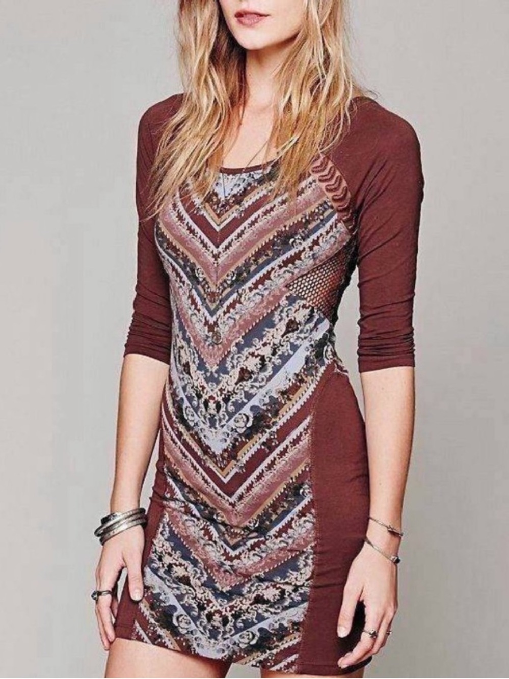 Free People Brown Mini Dress with Chevron & Floral Accents